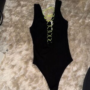 Emma & Sam Black Bodysuit with Neon Green Laces